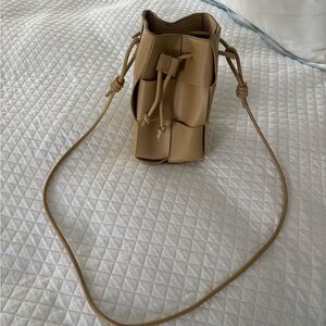 Tan Leather Woven Bucket Bag